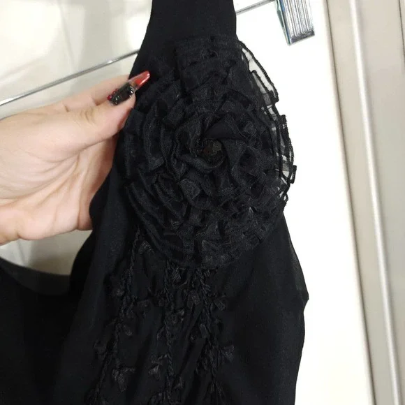 Sue Wong Womens Slip Dress Black Silk Rosette Midi Peasant Vtg 90s Y2K Fairy 14 - Picture 6 of 12